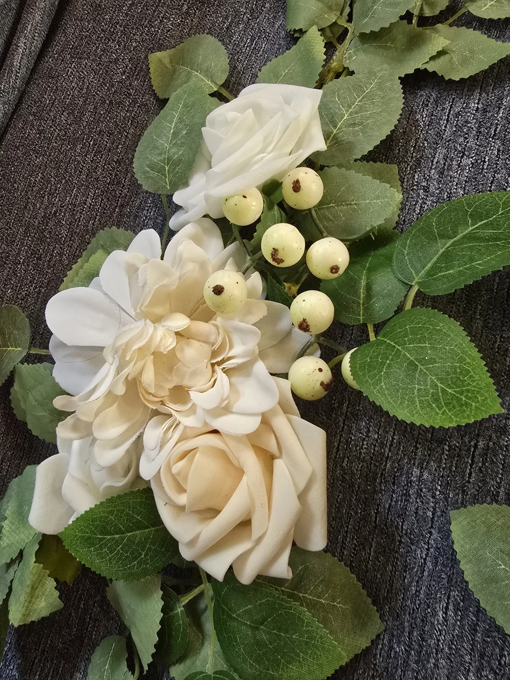 Cream & White Artificial Floral Spray with Green Leaves